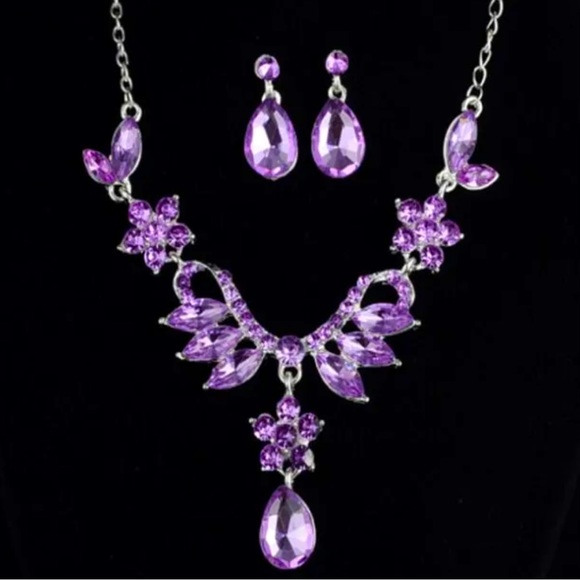 Source Unknown Jewelry - Purple & Silver Rhinestone Teardrop Necklace Earring Set